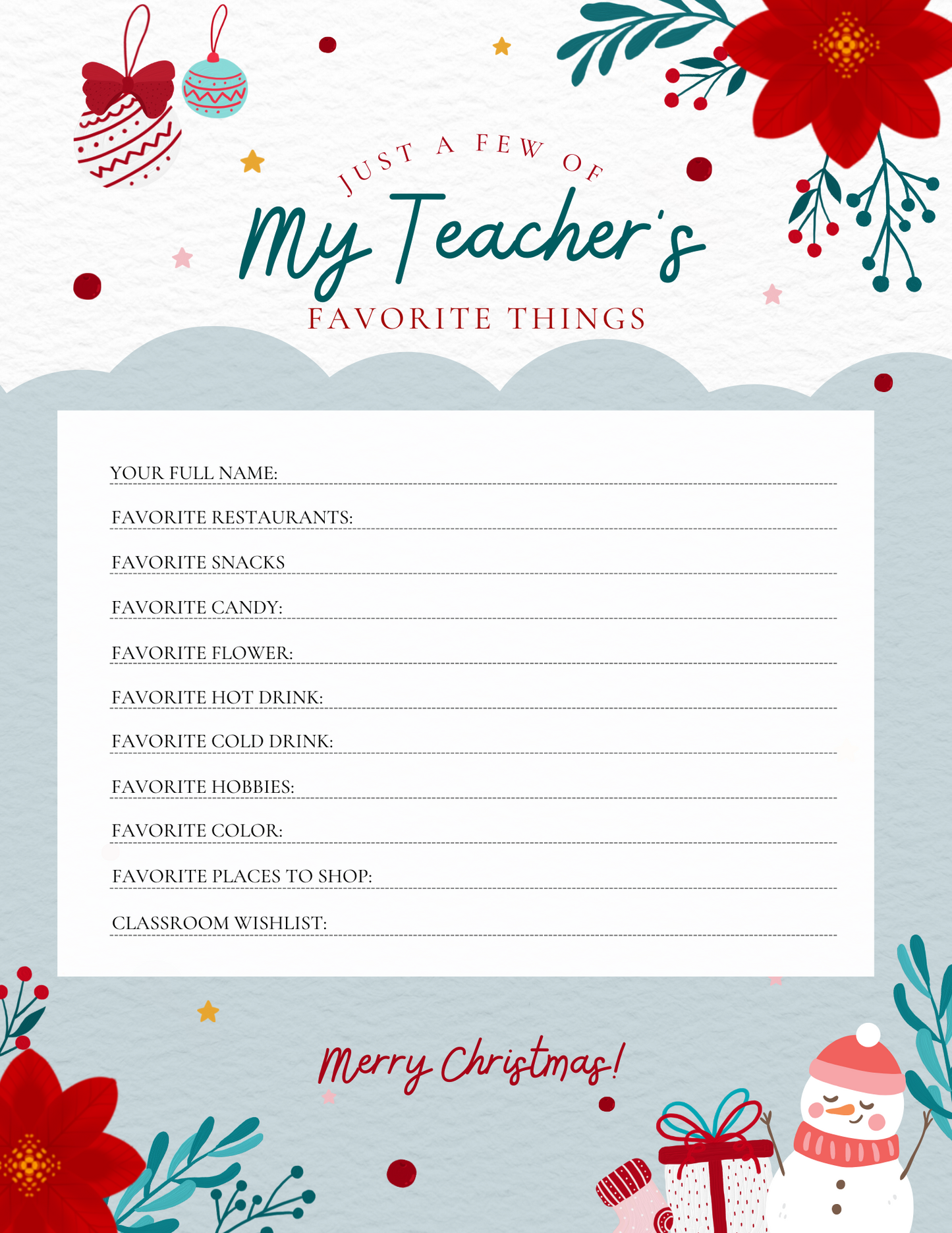 My Teacher's Favorite Things Printable Instant Download- EDITABLE